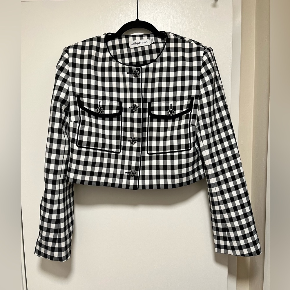 Self Portrait Black/White Checkered Cropped Jacket